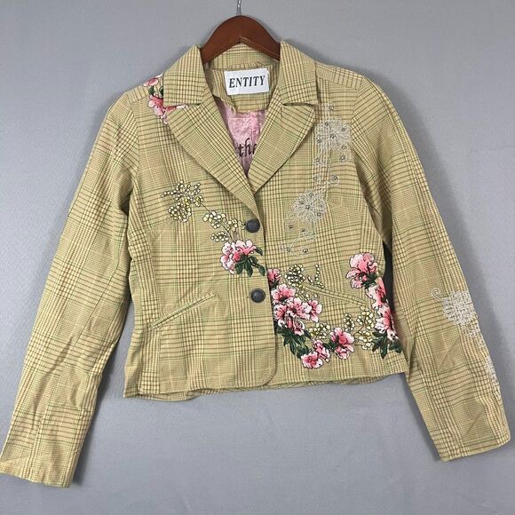 Vintage Y2K Cropped Plaid Blazer Jacket Brown Floral Embroidered Womens Small - Picture 1 of 7